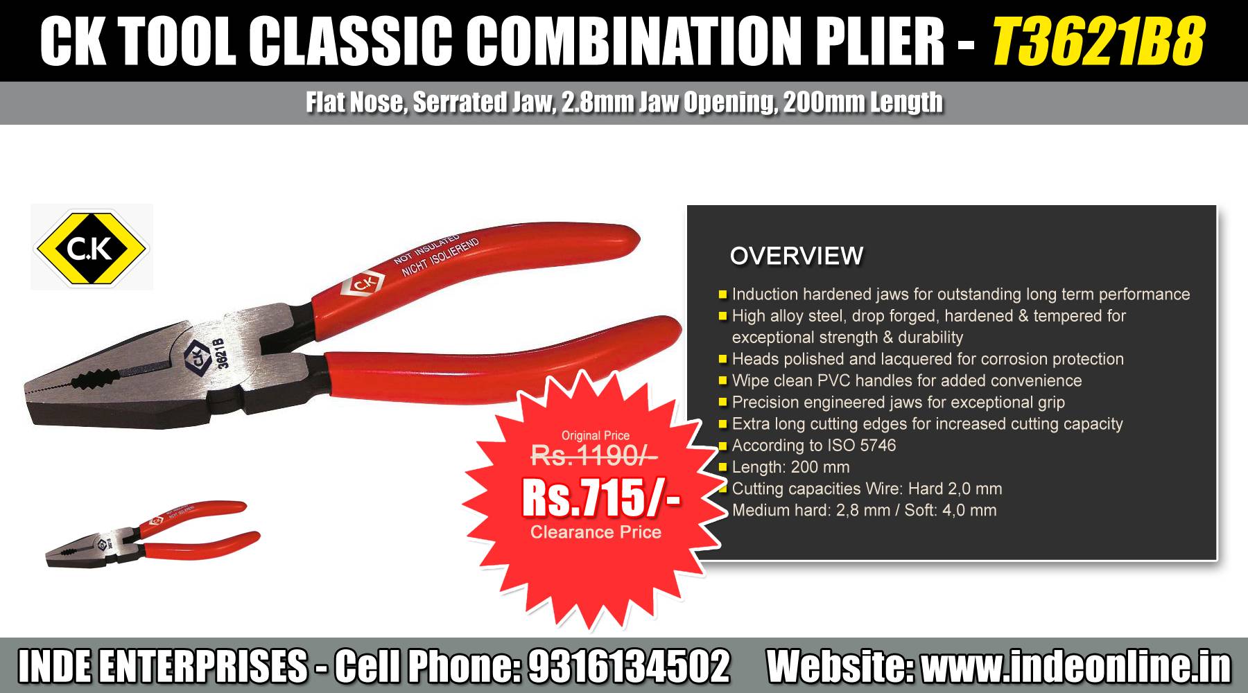 CK Tool Classic Combination Plier - T3621B8 Price Rs.715/-