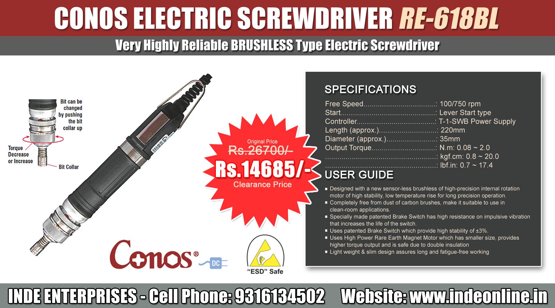 CONOS Electric Screwdriver - RE-618BL Price Rs.14685/-