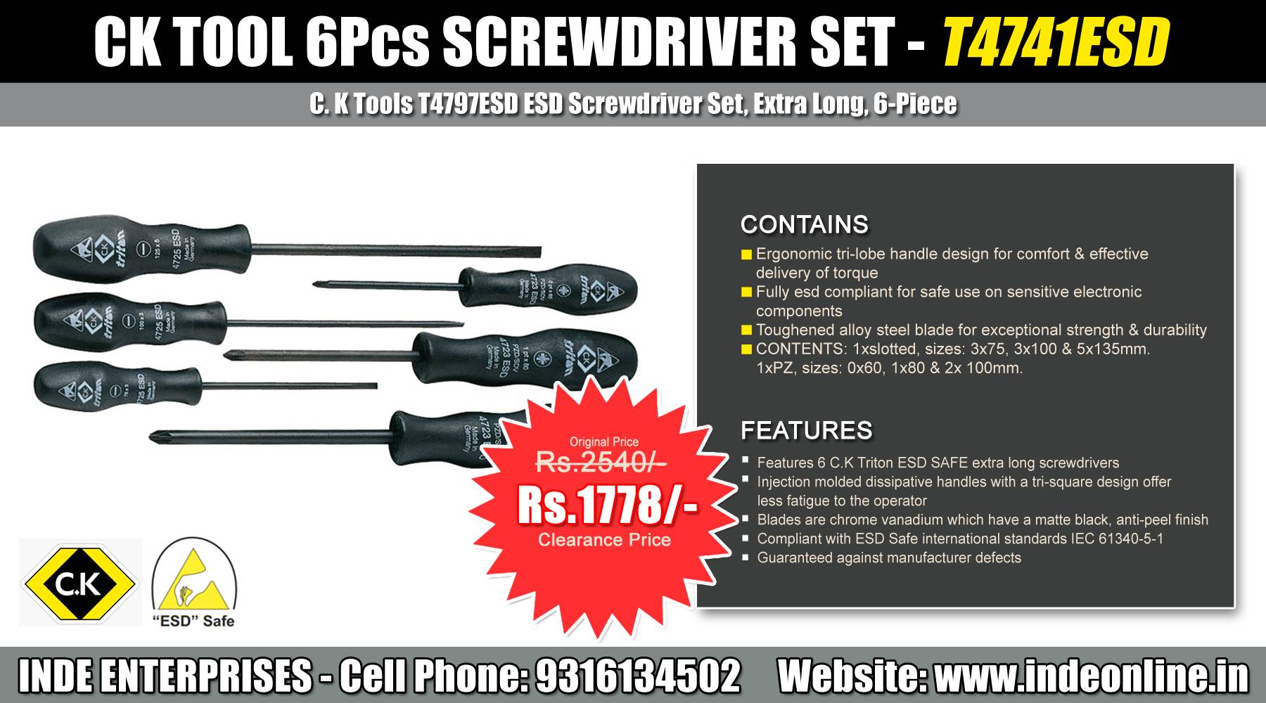 Ck Tool 6 Pcs Screwdriver Set T4741ESD Price Rs.1778/-