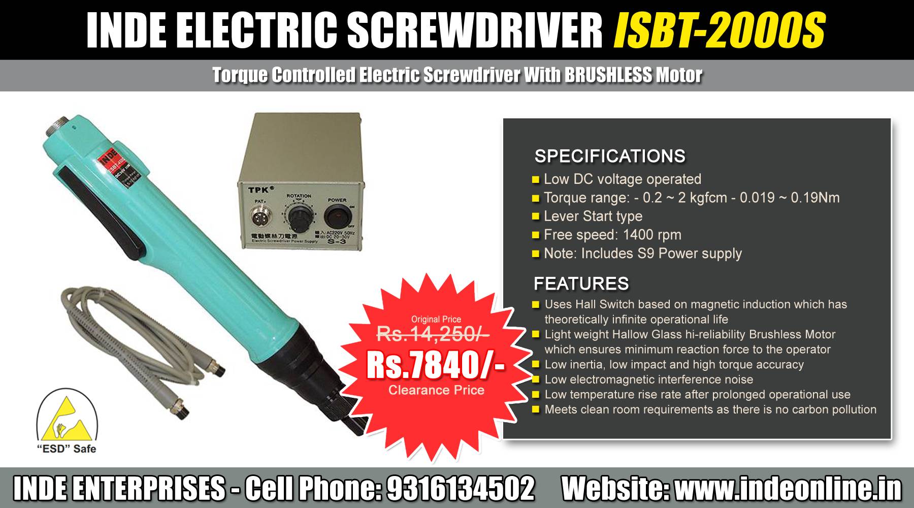 Make in India INDE Electric Screwdriver ISBT-2000S Price Rs.7840/-