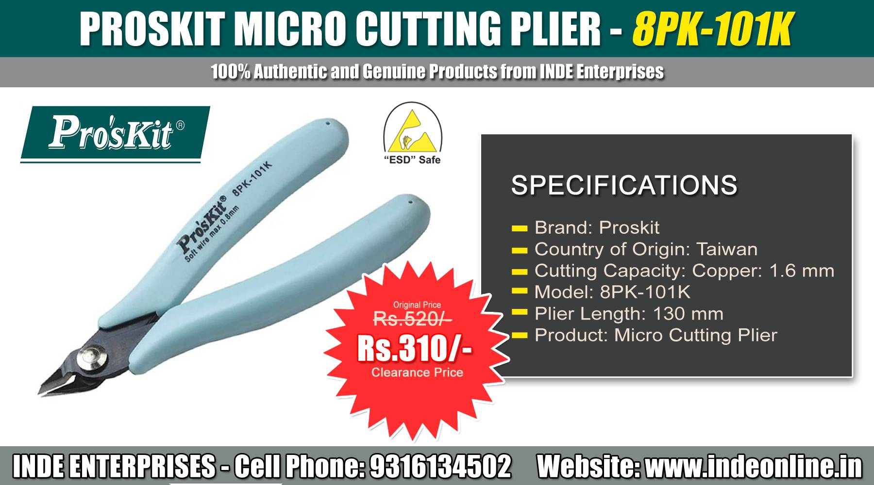 Proskit Micro Cutting Plier 8PK-101K Price Rs.310/-