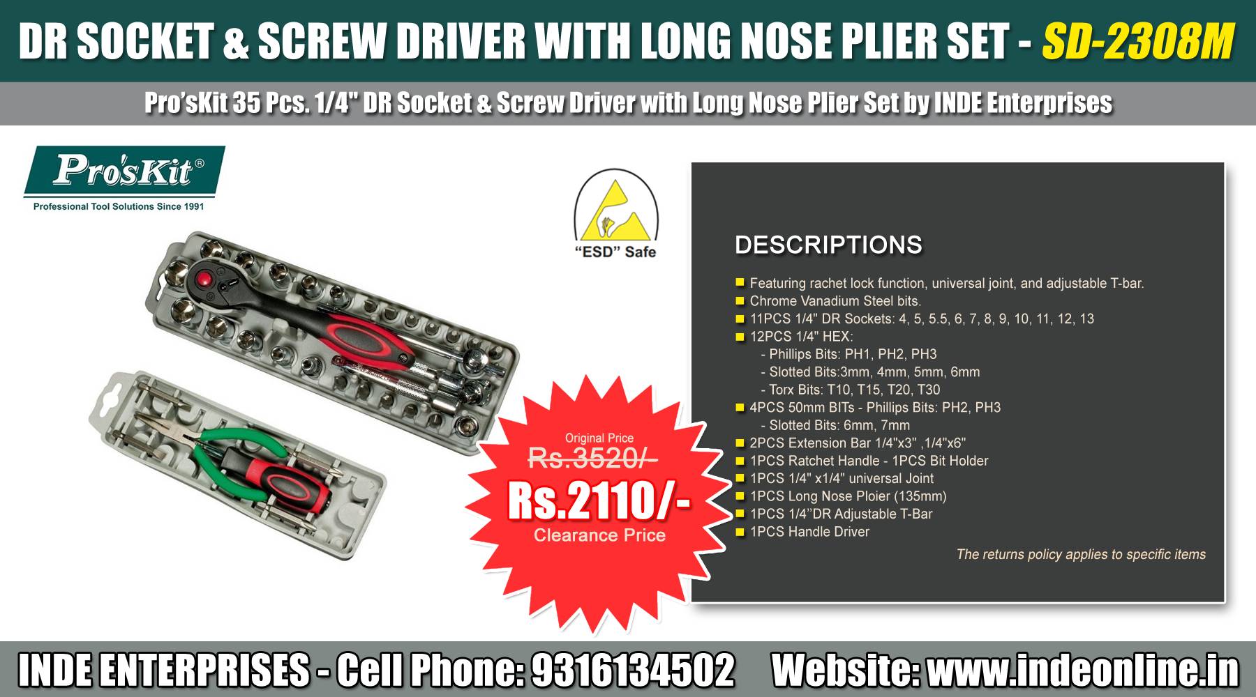 Proskit SD-2308M Socket & Screw Driver Set Price Rs.2110/-